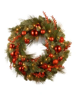 National Tree Company 24in Decorative Red Mixed Wreath With Battery Operated Warm White LED Lights Home