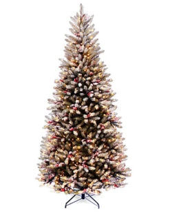 National Tree Company 7.5ft Dunhill Fir Slim Tree With Snow, Red Berries, Cones And Clear Lights Home