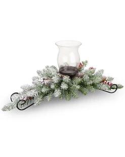 National Tree Company 30in Dunhill Fir Centerpiece With Snow, 9 Cones, 6 Red Berries & 1 Candle Holder Home