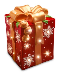 National Tree Company 21.25in Red Gift Box With Gold Bow, White Snowflake Designs & 31 White LED Home