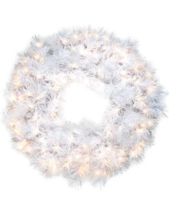 National Tree Company 30in Wispy Willow Grande White Wreath W/ Silver Glitter & 100 Velvet Frost White Lights Home