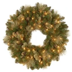 National Tree Company Pre-Lit Artificial Christmas Wreath, Green, Carolina Pine, White Lights, Decorated With Pine Cones, Christmas Collection, 24 Inches