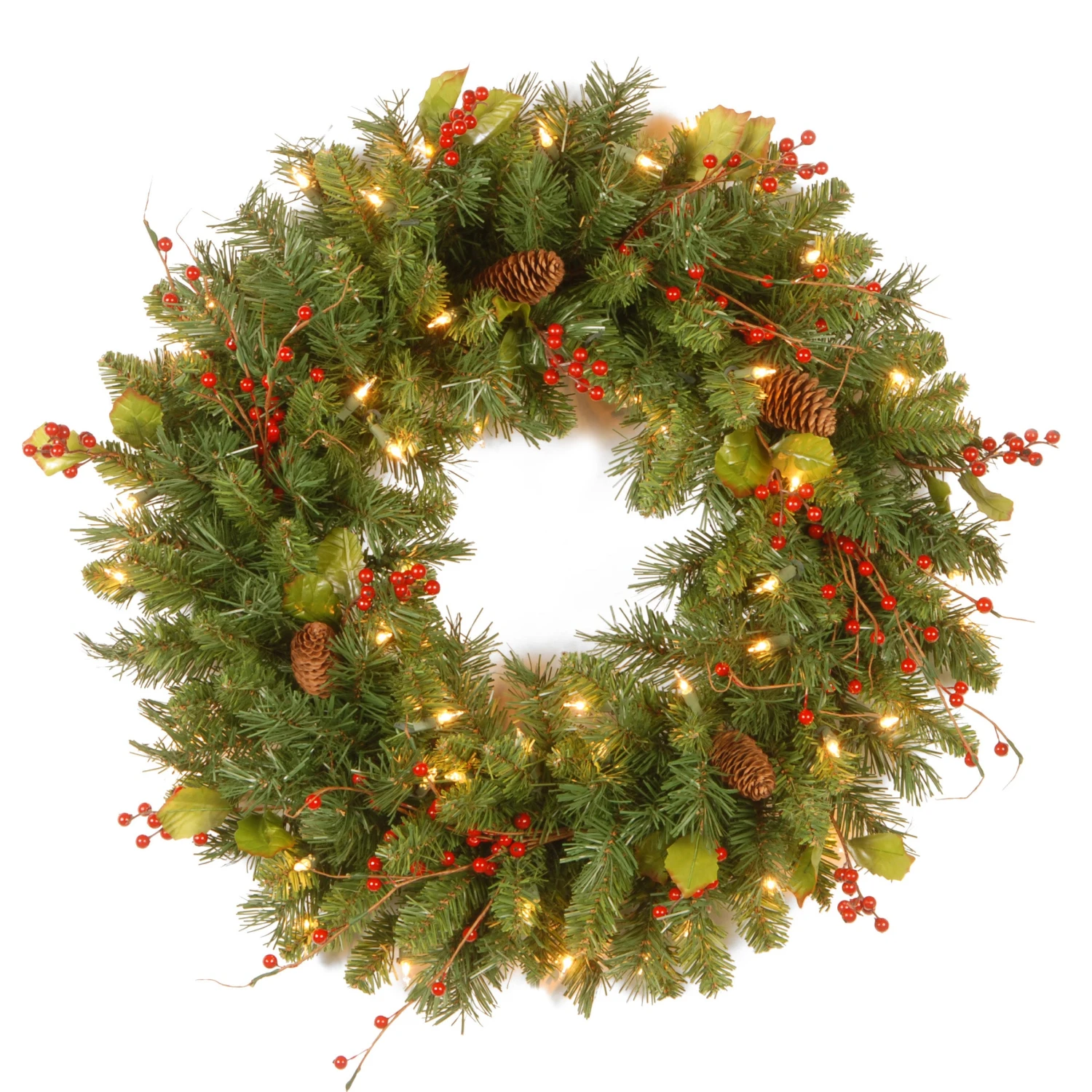 National Tree Company Pre-Lit Artificial Christmas Wreath, Green, Classical, White Lights, Decorated With Pine Cones, Berry Clusters, Leaves, Twigs, Christmas Collection, 24 Inches 1 National Tree Company Pre-Lit Artificial Christmas Wreath, Green, Classical, White Lights, Decorated With Pine Cones, Berry Clusters, Leaves, Twigs, Christmas Collection, 24 Inches
