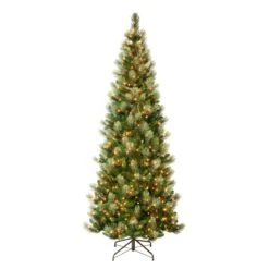 National Tree Company First Traditions Pre-Lit Charleston Pine Snowy Slim Christmas Tree, Clear Incandescent Lights, Plug In, 9 Ft