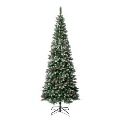 National Tree Company First Frosted Traditions Slim Christmas Tree With Hinged Branches, Pinecones And Red Berries, 7.5 Ft