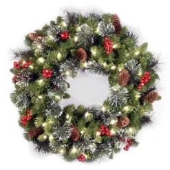 National Tree Company Pre-Lit Artificial Christmas Wreath, Green, Crestwood Spruce, White Lights, Decorated With Pine Cones, Berry Clusters, Frosted Branches, Christmas Collection, 24 Inches