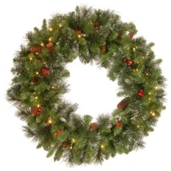 National Tree Company Pre-Lit Artificial Christmas Wreath, Green, Crestwood Spruce, White Lights, Decorated With Pine Cones, Berry Clusters, Frosted Branches, Christmas Collection, 30 Inches
