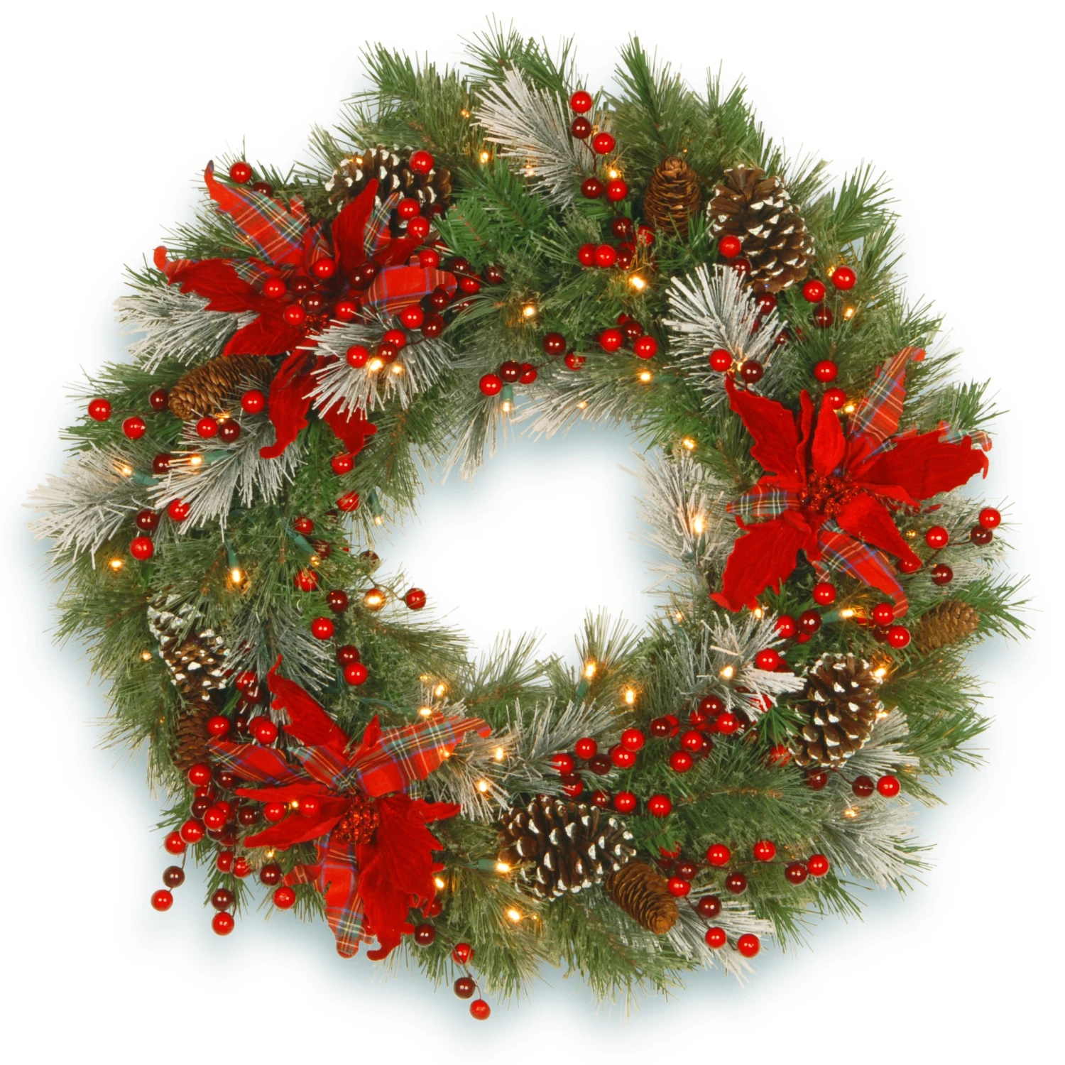 National Tree Company Pre-Lit Artificial Christmas Wreath, Green, Tartan Plaid, White Lights, Decorated With Frosted Branches, Pine Cones, Berry Clusters, Flowers, Christmas Collection, 30 Inches 1 National Tree Company Pre-Lit Artificial Christmas Wreath, Green, Tartan Plaid, White Lights, Decorated With Frosted Branches, Pine Cones, Berry Clusters, Flowers, Christmas Collection, 30 Inches