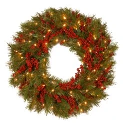 National Tree Company Pre-Lit Artificial Christmas Wreath, Green, Valley Pine, White Lights, Decorated With Berry Clusters, Christmas Collection, 24 Inches