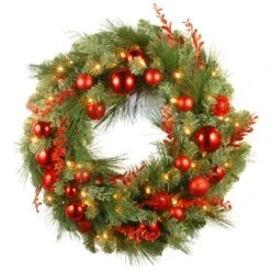 National Tree Company Pre-Lit Artificial Christmas Wreath, Green, Evergreen, White Lights, Decorated With Ball Ornaments, Red Sprigs, Christmas Collection, 30 Inches