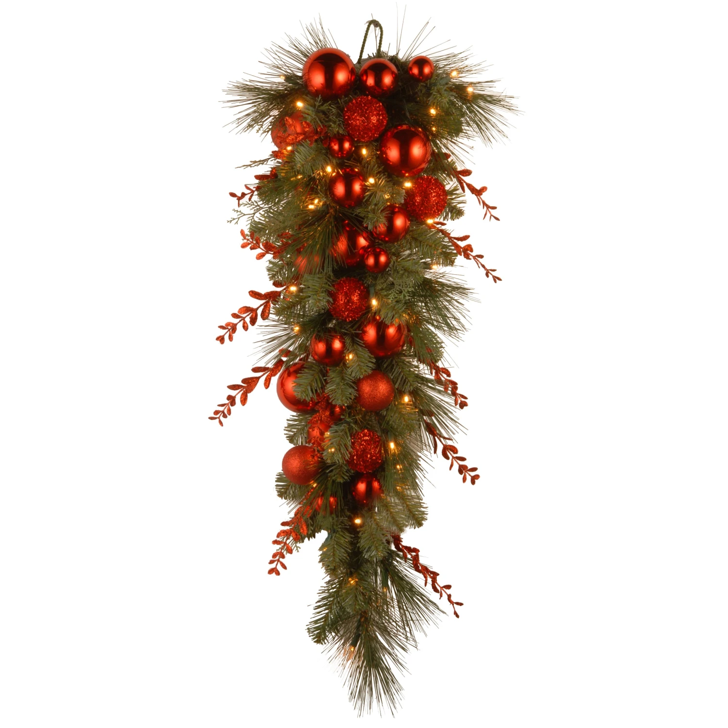 National Tree Company Pre-Lit Artificial Christmas Teardrop, Green, Evergreen, White Lights, Decorated With Red Ball Ornaments, Branches, Christmas Collection, 36 Inches 1 National Tree Company Pre-Lit Artificial Christmas Teardrop, Green, Evergreen, White Lights, Decorated With Red Ball Ornaments, Branches, Christmas Collection, 36 Inches