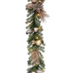 National Tree Company Pre-Lit Artificial Christmas Garland, Green, Evergreen, White Lights, Decorated With Metallic Flowers, Ball Ornaments, Pine Cones, Plug In, Christmas Collection, 9 Feet