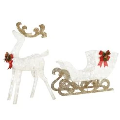 National Tree Company Pre Lit Sisal Reindeer And Sleigh Decoration, Cool White LED Lights, Plug In, Christmas Collection, 48 Inches