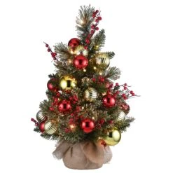 National Tree Company Pre-Lit Artificial Christmas Tree, Green, Dakota Pine, White LED Lights, Decorated With Berry Clusters, Ball Ornaments, Includes Cloth Bag Base, Battery Operated, 24 Inches