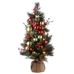 National Tree Company Pre-Lit Artificial Christmas Tree, Green, Dakota Pine, White LED Lights, Decorated With Pine Cones, Ball Ornaments, Includes Cloth Bag Base, Battery Operated, 3 Feet