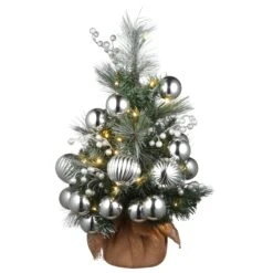 National Tree Company Pre-Lit Artificial Christmas Tree, Green, Frosted Silver Pine, White LED Lights, Decorated With Berry Clusters, Ball Ornaments, Includes Cloth Bag Base, Battery Operated, 24 Inches