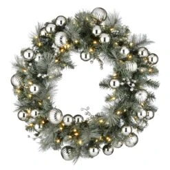 National Tree Company Pre-Lit Artificial Christmas Wreath, Green, Snowy Silver Pine, White Lights, Decorated With Ball Ornaments, Berry Clusters, Christmas Collection, 30 Inches