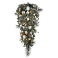 National Tree Company Pre-Lit Artificial Christmas Teardrop, Green, Silver Pine, White Lights, Decorated With Ball Ornaments, Berry Clusters, Christmas Collection, 36 Inches