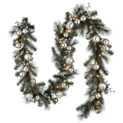 National Tree Company Pre-Lit Artificial Christmas Garland, Green, Silver Pine, White Lights, Decorated With Ball Ornaments, Plug In, Christmas Collection, 9 Feet
