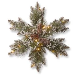 National Tree Company Pre-Lit Artificial Christmas Hanging Snowflake, Green, Glittery Bristle Pine, Decorated With Pine Cones, Frosted Branches, Christmas Collection, 18 Inches