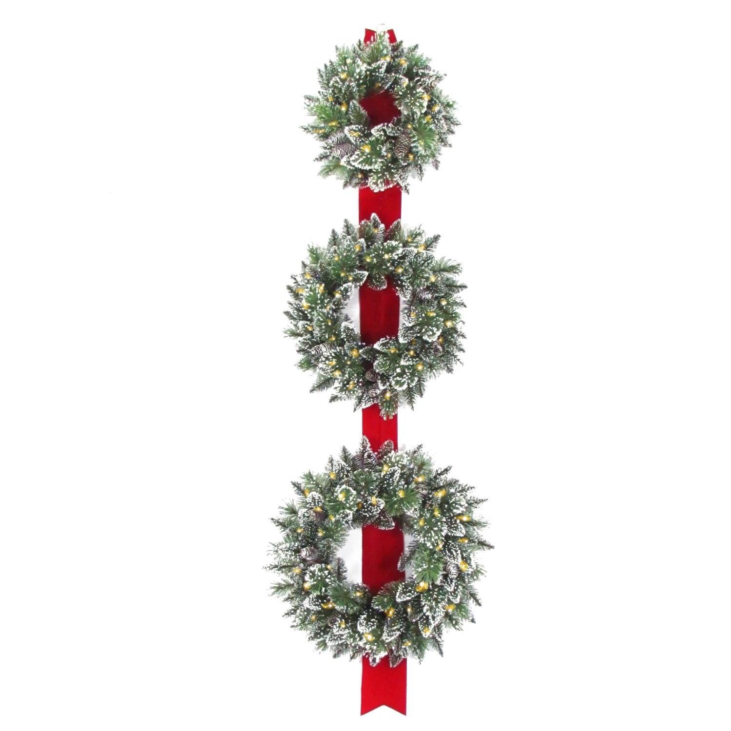 National Tree Company Artificial Christmas Three Wreath Ribbon Door Decoration, Green, White Lights, Decorated With Frosted Branches, Christmas Collection, 77 Inches 1 National Tree Company Artificial Christmas Three Wreath Ribbon Door Decoration, Green, White Lights, Decorated With Frosted Branches, Christmas Collection, 77 Inches