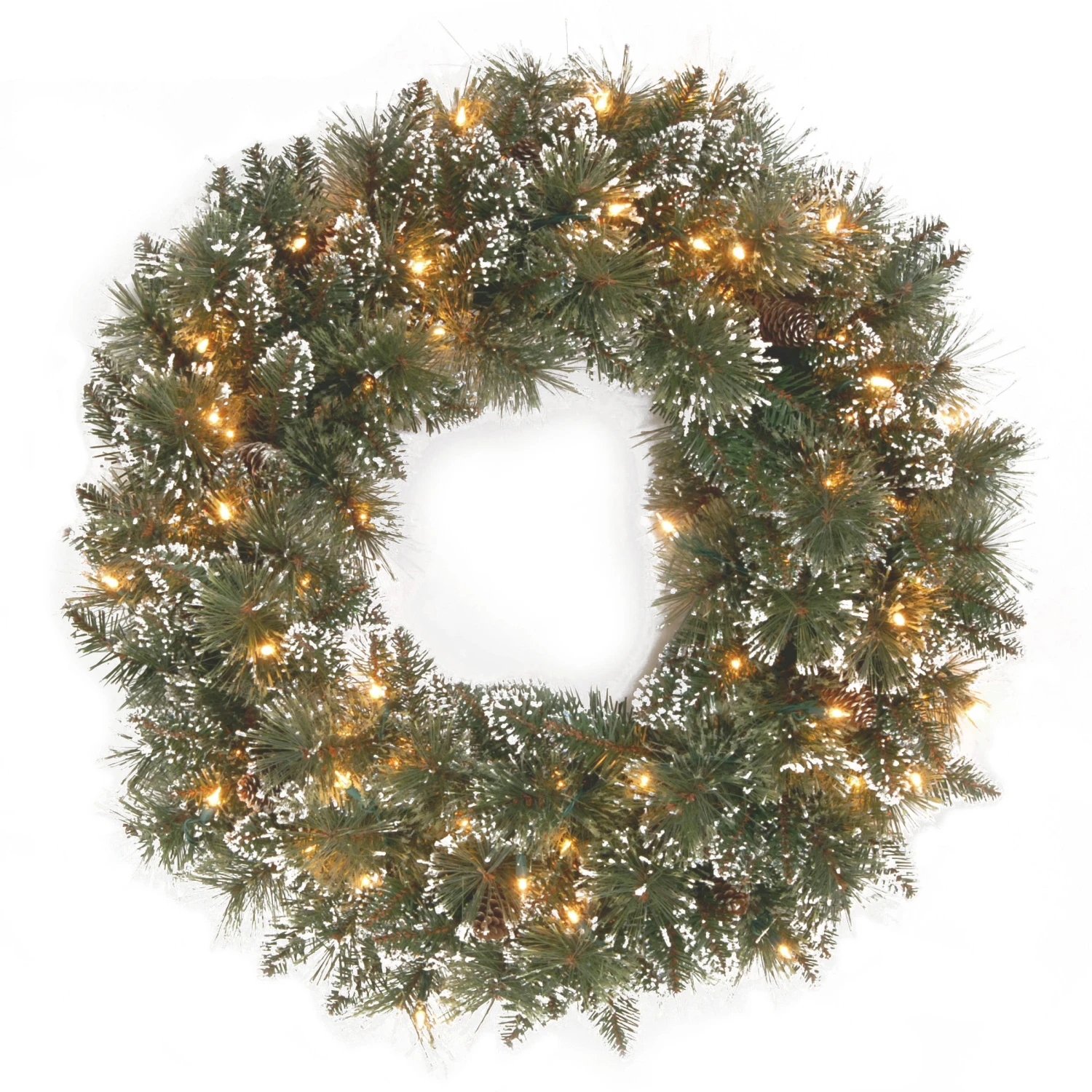 National Tree Company Pre-Lit Artificial Christmas Wreath, Green, Glittery Bristle Pine, White Lights, Decorated With Frosted Branches, Pine Cones, Christmas Collection, 24 Inches 1 National Tree Company Pre-Lit Artificial Christmas Wreath, Green, Glittery Bristle Pine, White Lights, Decorated With Frosted Branches, Pine Cones, Christmas Collection, 24 Inches
