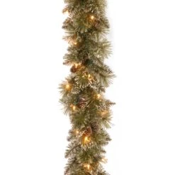 National Tree Company Pre Lit Artificial Garland, Glittery Bristle, Green, Frosted, Decorated With Frosted Pine Cones, Multifunctional Twinkling LED Lights, Plug In, Christmas Collection, 9 Feet