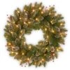 National Tree Company Pre-Lit Artificial Christmas Wreath, Green, Glittery Mountain Spruce, White Lights, Decorated With Pine Cones, Berry Clusters, Frosted Branches, Christmas Collection, 24 Inches