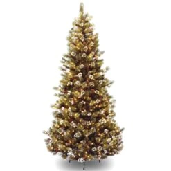 National Tree Company Pre-Lit Artificial Slim Christmas Tree, Green, Glittery Bristle Pine, White Lights, Flocked With Pine Cones, Frosted Branches, Includes Stand, 7.5 Feet