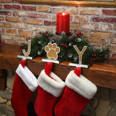 3pc 5" Gold Sparkle "JOY" Stocking Holders - National Tree Company 1 3pc 5" Gold Sparkle "JOY" Stocking Holders - National Tree Company