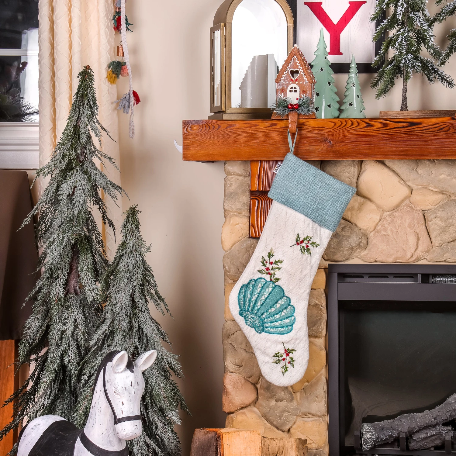 National Tree Company 20" HGTV Home Collection Embroidered Blue Shell Stocking 2 National Tree Company 20" HGTV Home Collection Embroidered Blue Shell Stocking - Image 2