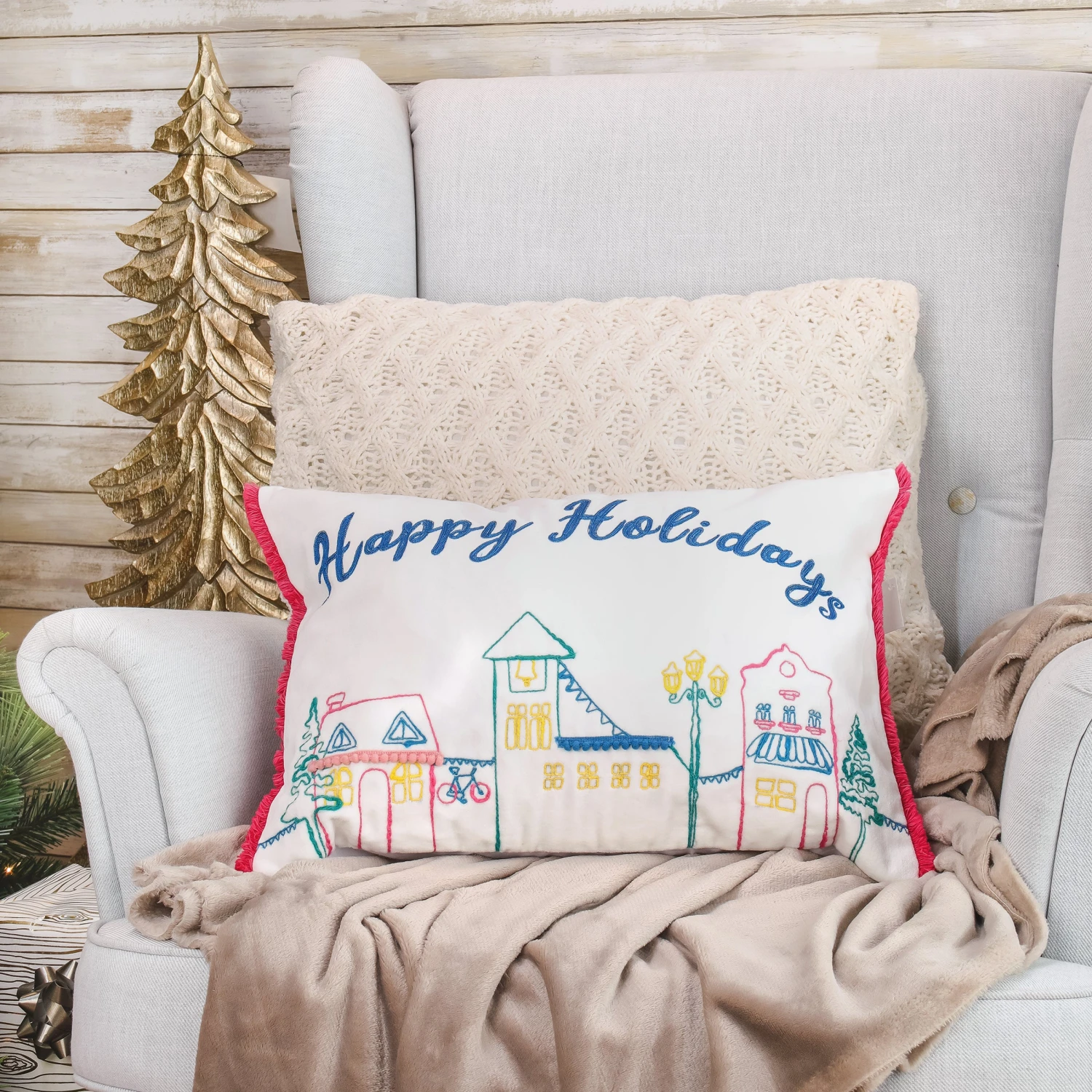 National Tree Company 20" HGTV Home Collection Embroidered Happy Holidays Pillow 2 National Tree Company 20" HGTV Home Collection Embroidered Happy Holidays Pillow - Image 2