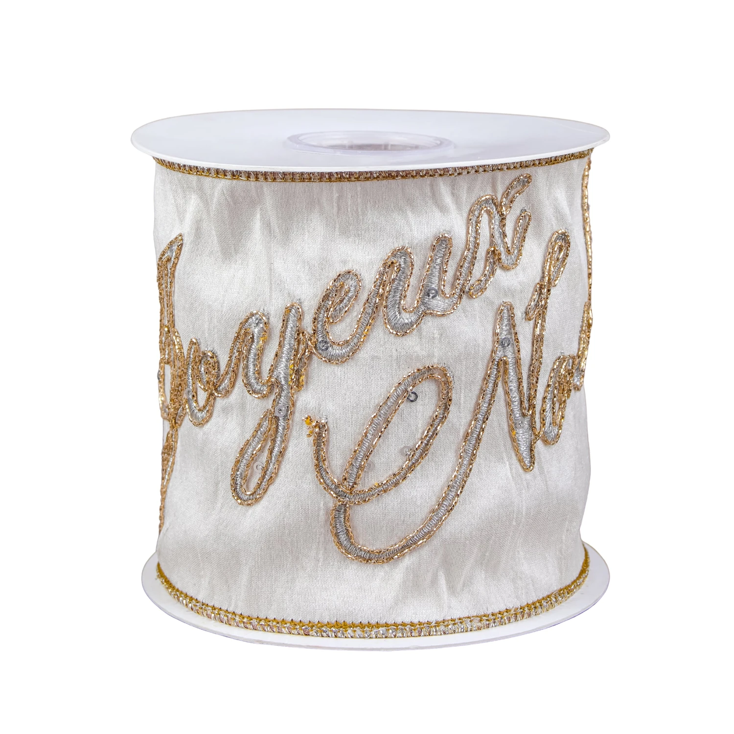 National Tree Company 4" HGTV Home Collection Dupioni Embroidered Joyuex Noel Ribbon 1 National Tree Company 4" HGTV Home Collection Dupioni Embroidered Joyuex Noel Ribbon