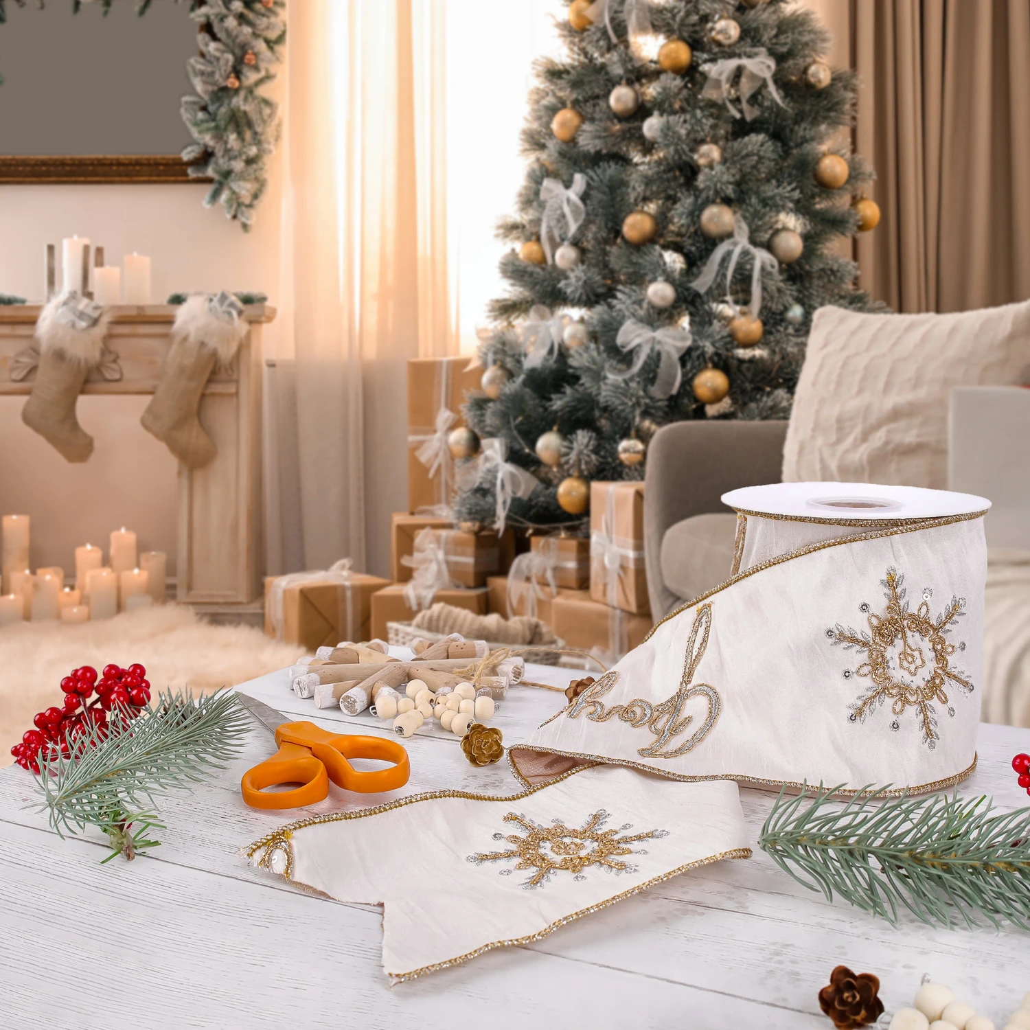 National Tree Company 4" HGTV Home Collection Dupioni Embroidered Joyuex Noel Ribbon 2 National Tree Company 4" HGTV Home Collection Dupioni Embroidered Joyuex Noel Ribbon - Image 2