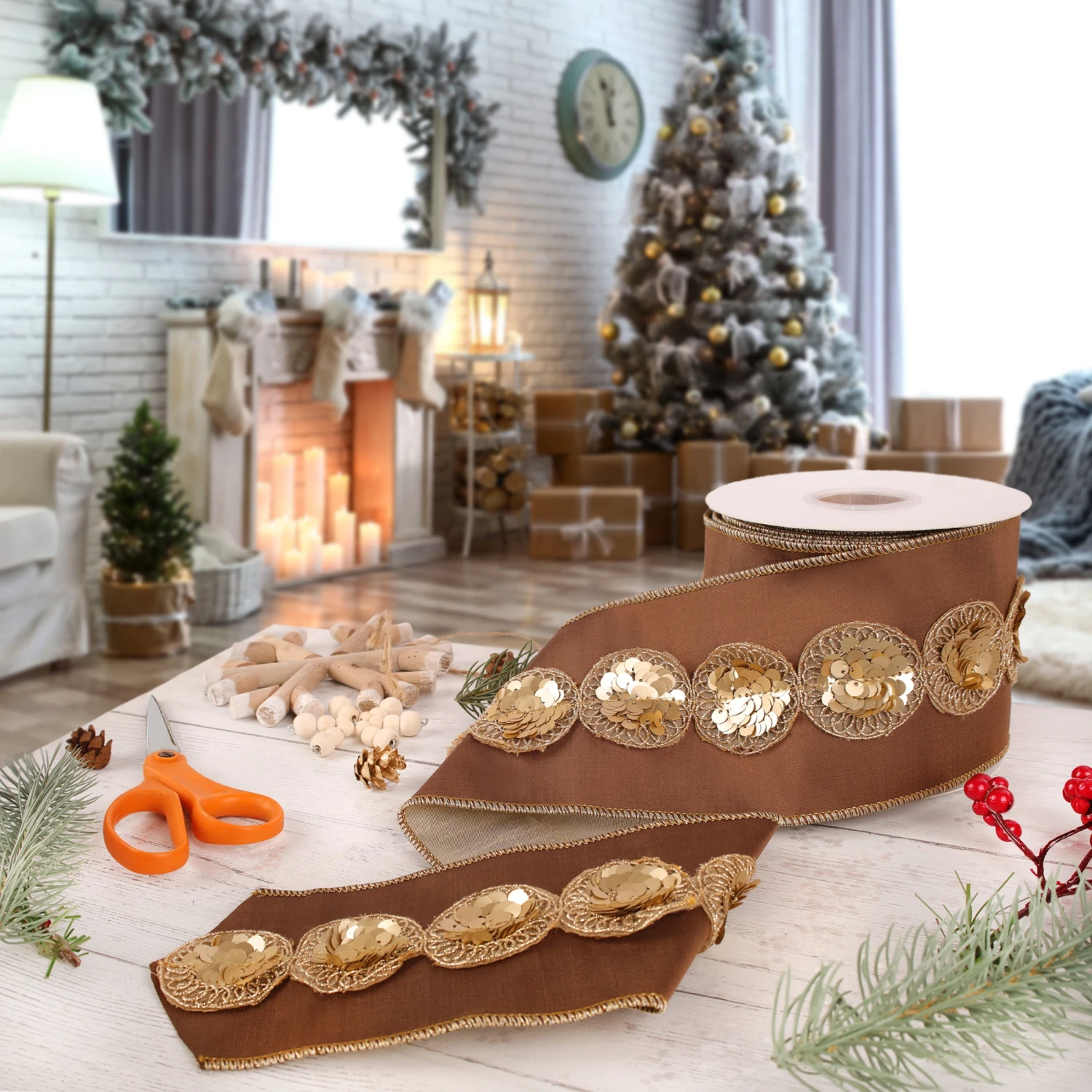 National Tree Company 4" HGTV Home Collection Sequin Beaded Taffeta Ribbon, Brown 2 National Tree Company 4" HGTV Home Collection Sequin Beaded Taffeta Ribbon, Brown - Image 2