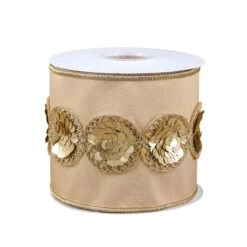 National Tree Company 4" HGTV Home Collection Sequin Beaded Taffeta Ribbon, Beige