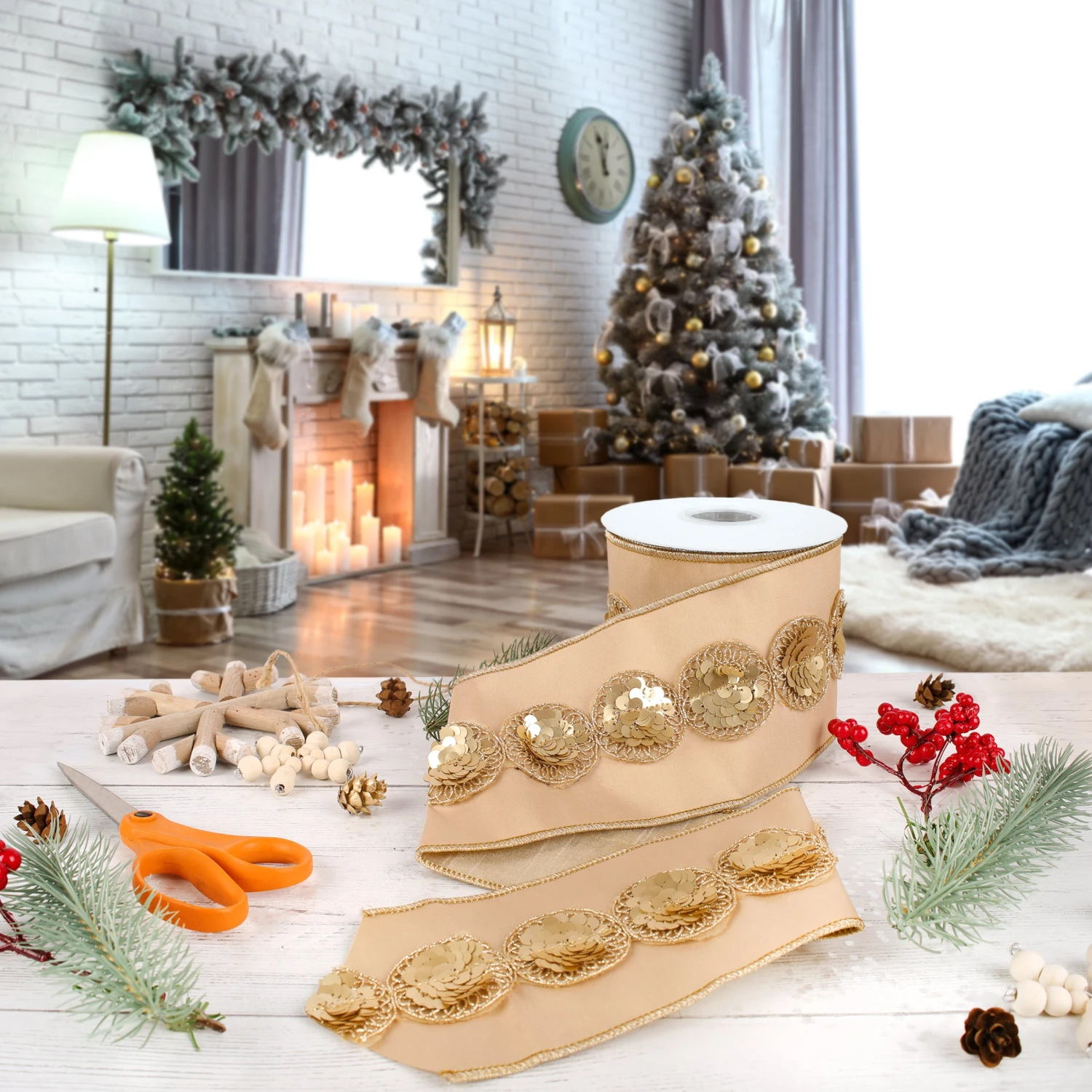 National Tree Company 4" HGTV Home Collection Sequin Beaded Taffeta Ribbon, Beige 2 National Tree Company 4" HGTV Home Collection Sequin Beaded Taffeta Ribbon, Beige - Image 2