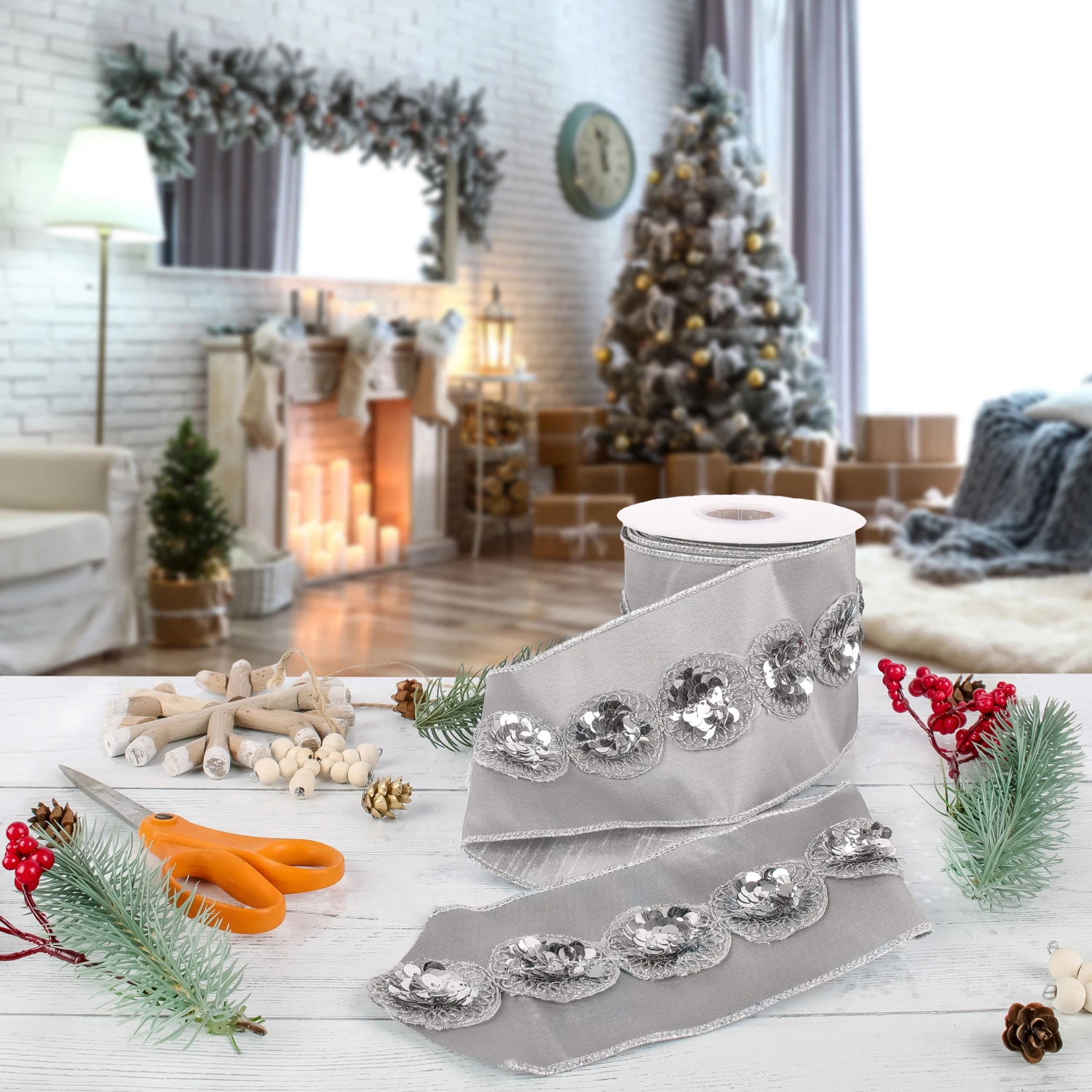 National Tree Company 4" HGTV Home Collection Sequin Beaded Taffeta Ribbon, Gray 2 National Tree Company 4" HGTV Home Collection Sequin Beaded Taffeta Ribbon, Gray - Image 2