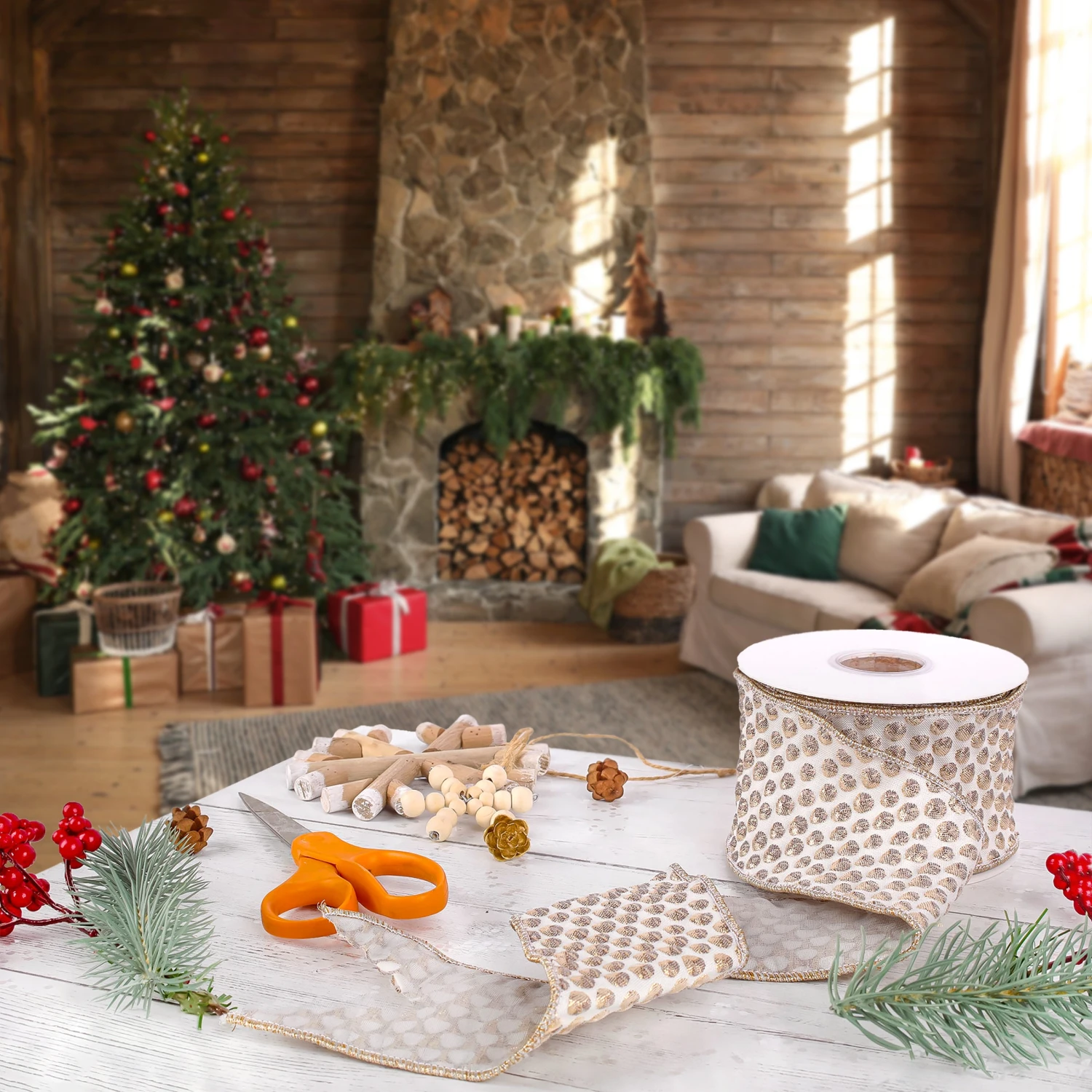 National Tree Company 3" HGTV Home Collection Rainer Jacquard Tissue Back Ribbon, Gold 2 National Tree Company 3" HGTV Home Collection Rainer Jacquard Tissue Back Ribbon, Gold - Image 2