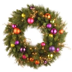 National Tree Company Pre-Lit Artificial Christmas Wreath, Green, Kaleidoscope, White Lights, Decorated With Berry Clusters, Ball Ornaments, Christmas Collection, 30 Inches