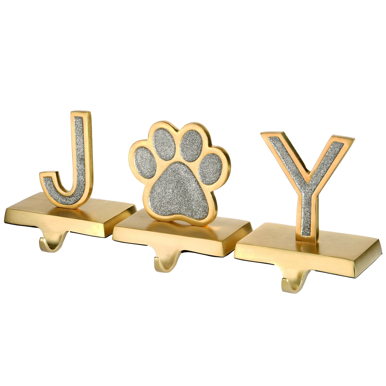 National Tree Company Silver Sparkle JOY Christmas Stocking Holders, Silver And Gold With Paw Print, 3 Pieces, 5 In 1 National Tree Company Silver Sparkle JOY Christmas Stocking Holders, Silver And Gold With Paw Print, 3 Pieces, 5 In