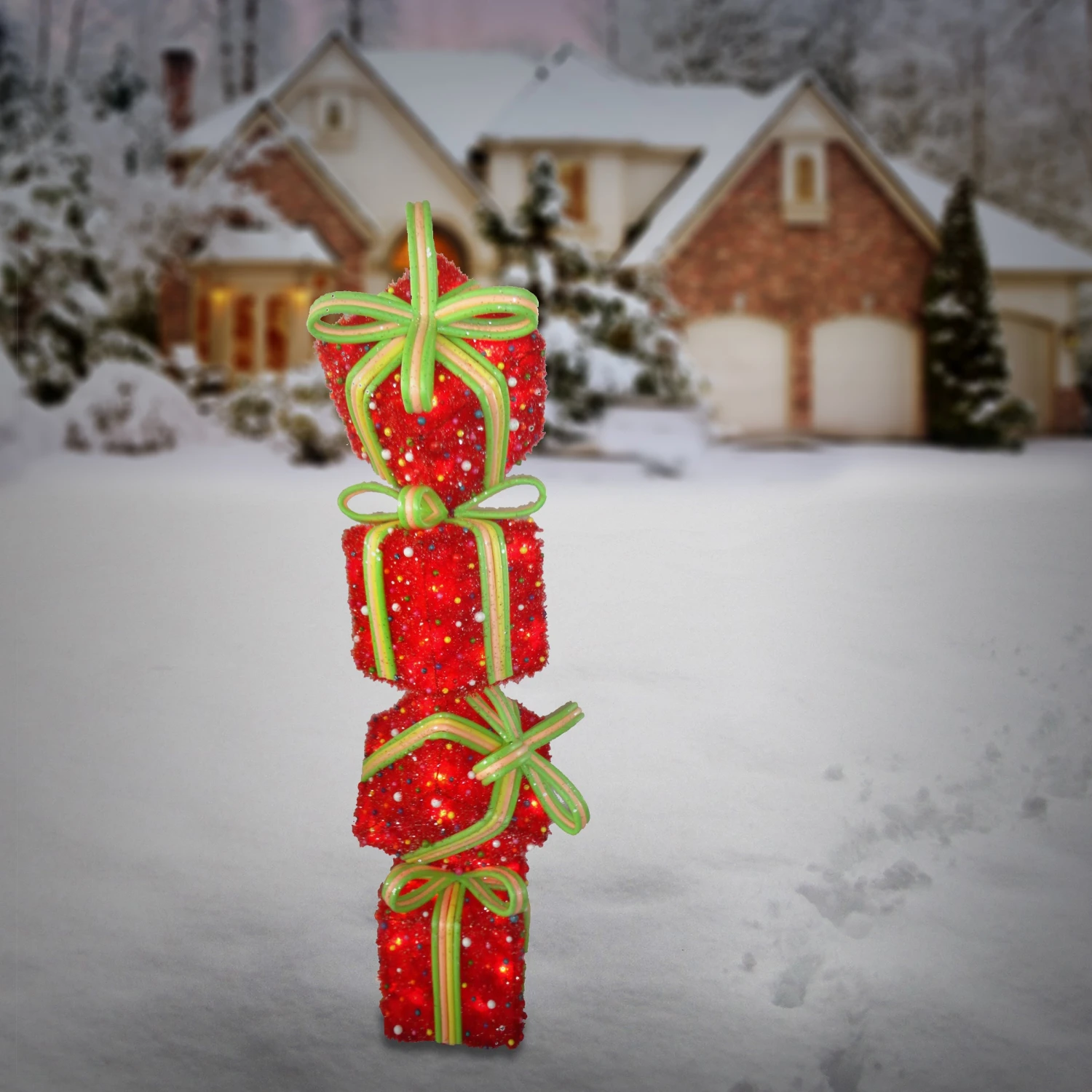 National Tree Company Pre-Lit Stack Of Red Gift Boxes Decoration, White Lights, Battery Operated, Christmas Collection, 34 Inches 2 National Tree Company Pre-Lit Stack Of Red Gift Boxes Decoration, White Lights, Battery Operated, Christmas Collection, 34 Inches - Image 2