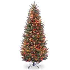 National Tree Company Pre-Lit Artificial Slim Christmas Tree, Green, Natural Fraser Fir, Multicolor Lights, Includes Stand, 7.5 Feet