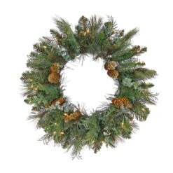 National Tree Company First Traditions™ Collection, 24" Pre-Lit Artificial North Conway Wreath With Glittery Cones And Eucalyptus, 50 Clear Lights- UL