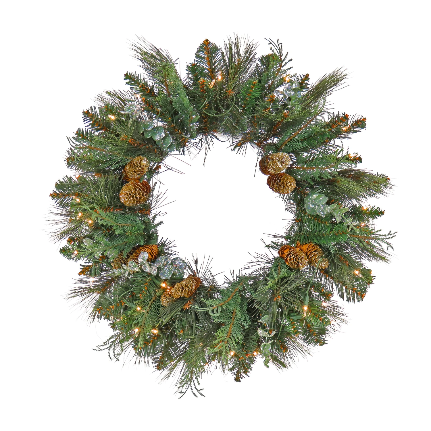National Tree Company First Traditions™ Collection, 24" Pre-Lit Artificial North Conway Wreath With Glittery Cones And Eucalyptus, 50 Clear Lights- UL 1 National Tree Company First Traditions™ Collection, 24" Pre-Lit Artificial North Conway Wreath With Glittery Cones And Eucalyptus, 50 Clear Lights- UL