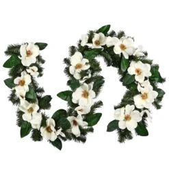 National Tree Company Artificial Garland North Valley Spruce, Green, Decorated With Magnolia Flower Blooms, Christmas Collection, 6 Feet