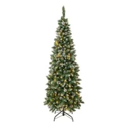 National Tree Company First Traditions Pre-Lit Oakley Hills Snowy Slim Christmas Tree With Hinged Branches, Warm White LED Lights, Plug In, 6 Ft