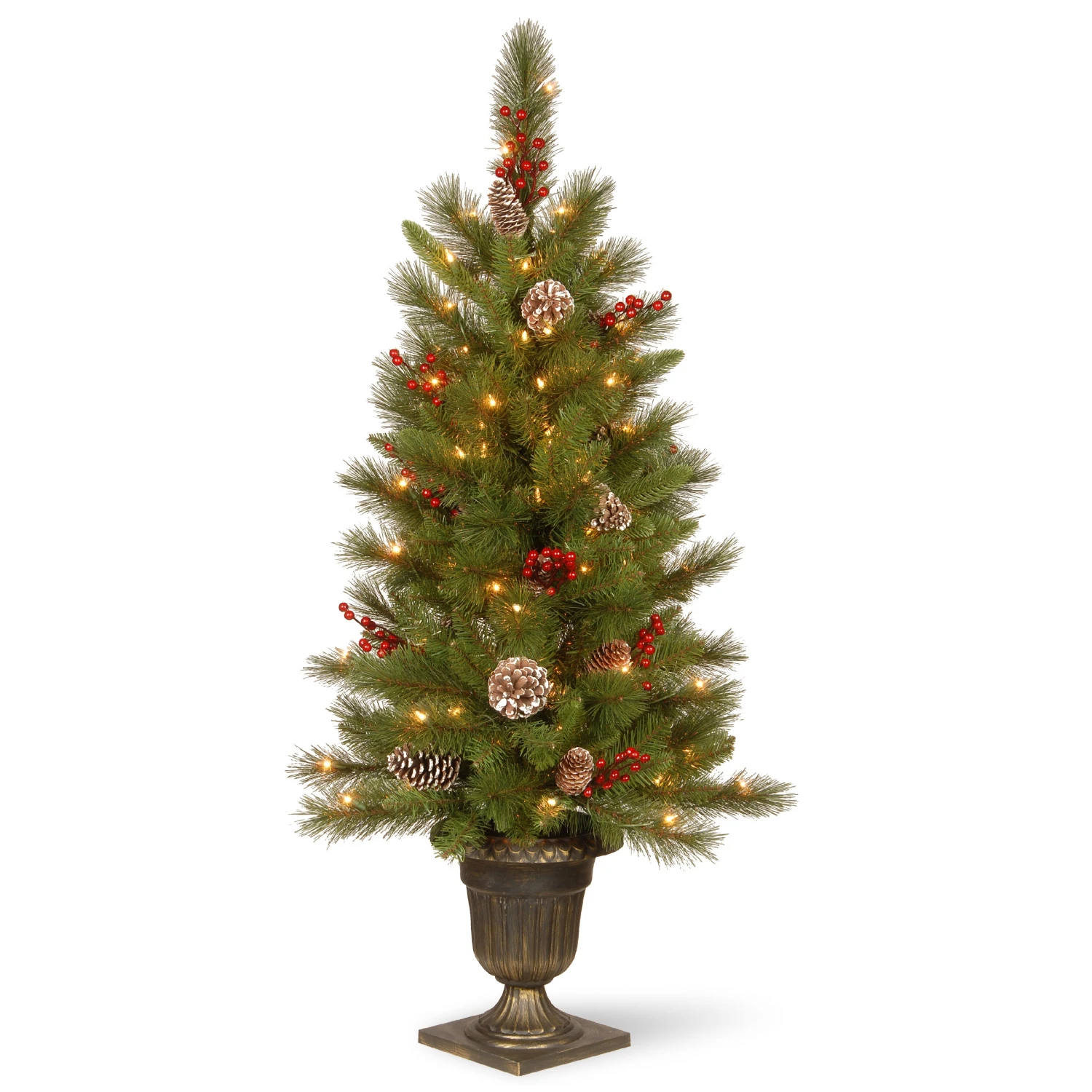 National Tree Company Pre-Lit Artificial Entrance Christmas Tree, Bristle Berry Pine, Green, White Lights, Decorated With Berry Clusters, Pine Cones, Includes Metal Base, 4 Feet 1 National Tree Company Pre-Lit Artificial Entrance Christmas Tree, Bristle Berry Pine, Green, White Lights, Decorated With Berry Clusters, Pine Cones, Includes Metal Base, 4 Feet