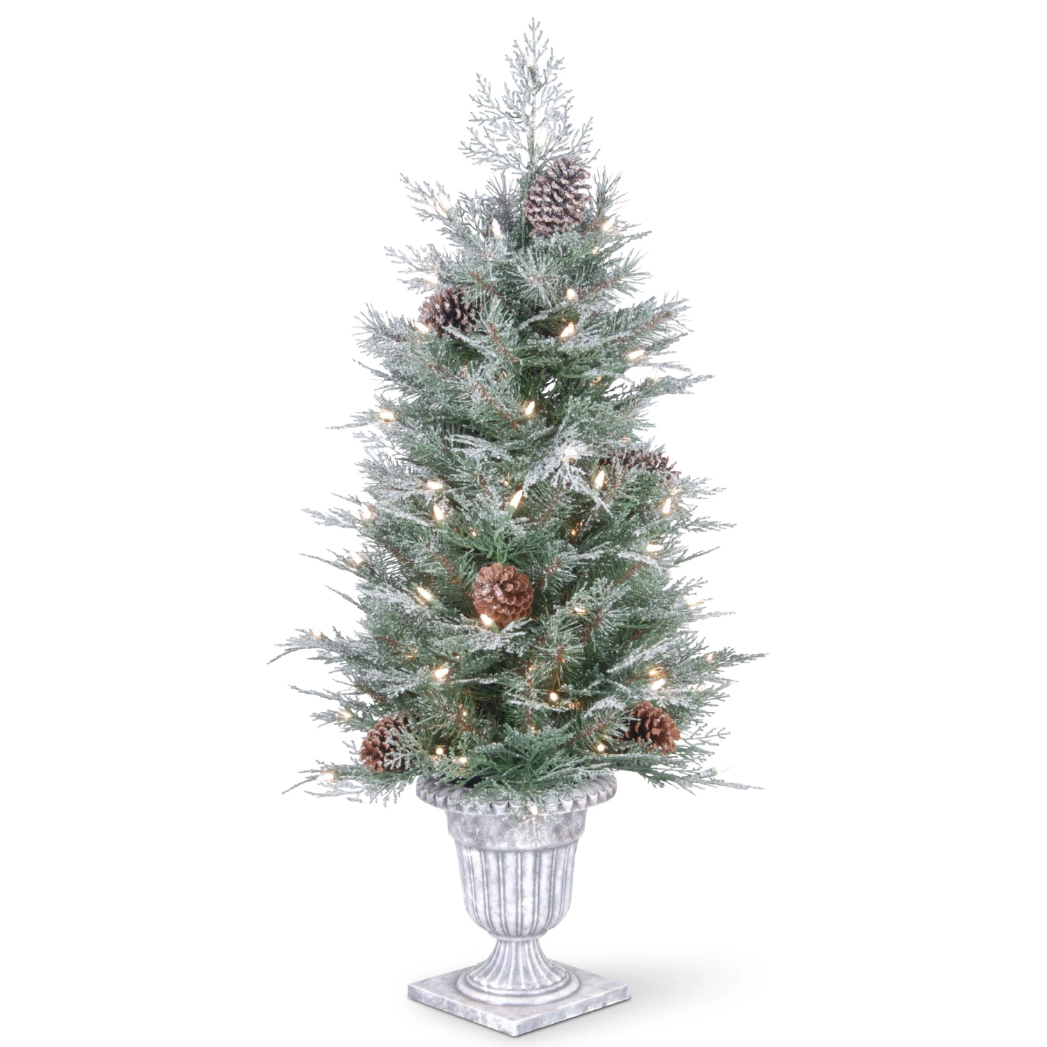 National Tree Company Pre-Lit Artificial Entrance Christmas Tree, Frosted Mountain Spruce, Green, White Lights, Decorated With Berry Clusters, Pine Cones, Includes Metal Base, 4 Feet 1 National Tree Company Pre-Lit Artificial Entrance Christmas Tree, Frosted Mountain Spruce, Green, White Lights, Decorated With Berry Clusters, Pine Cones, Includes Metal Base, 4 Feet