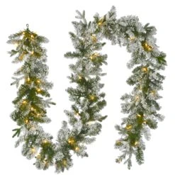 National Tree Company Pre-Lit Artificial Christmas Garland, Green, Snowy Green, White Lights, Decorated With Pine Cones, Frosted Branches, Battery Operated, Christmas Collection, 9 Feet